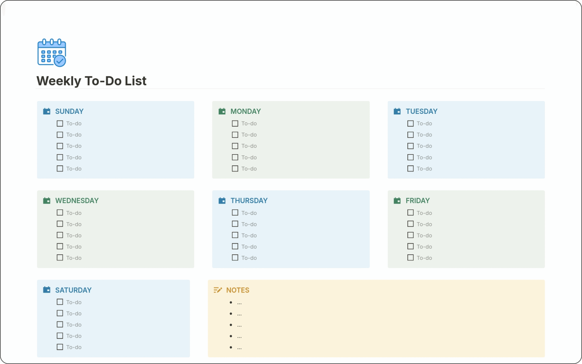 image of Weekly To-Do List Notion Template featuring a clean, minimalist layout designed to help you organize and prioritize tasks, track progress, and stay productive throughout the week. Perfect for professionals, students, and anyone looking to streamline their weekly planning.