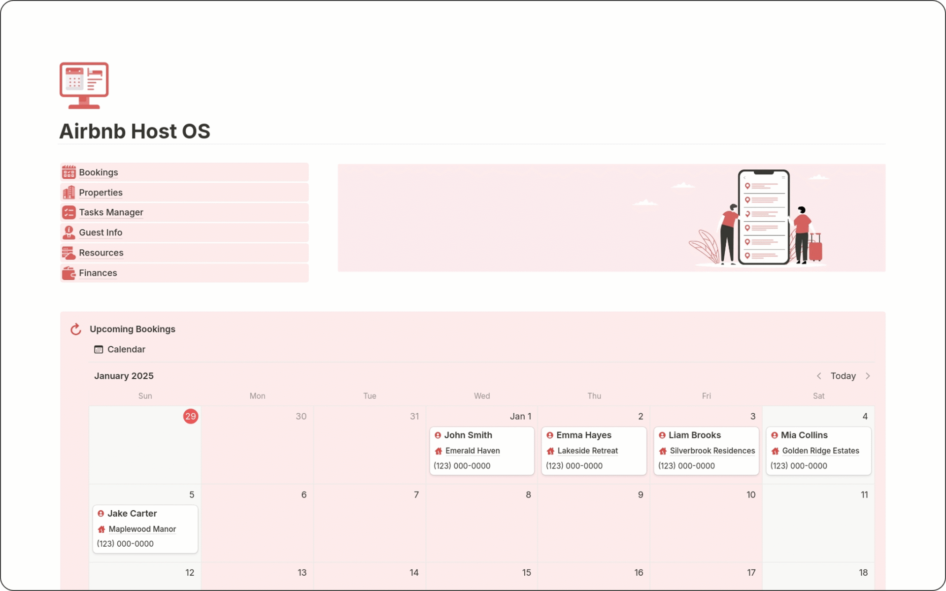 Image of Airbnb Host OS Notion Template helps Airbnb hosts streamline bookings, manage properties, and track guests and finances in one clean, organized workspace.
