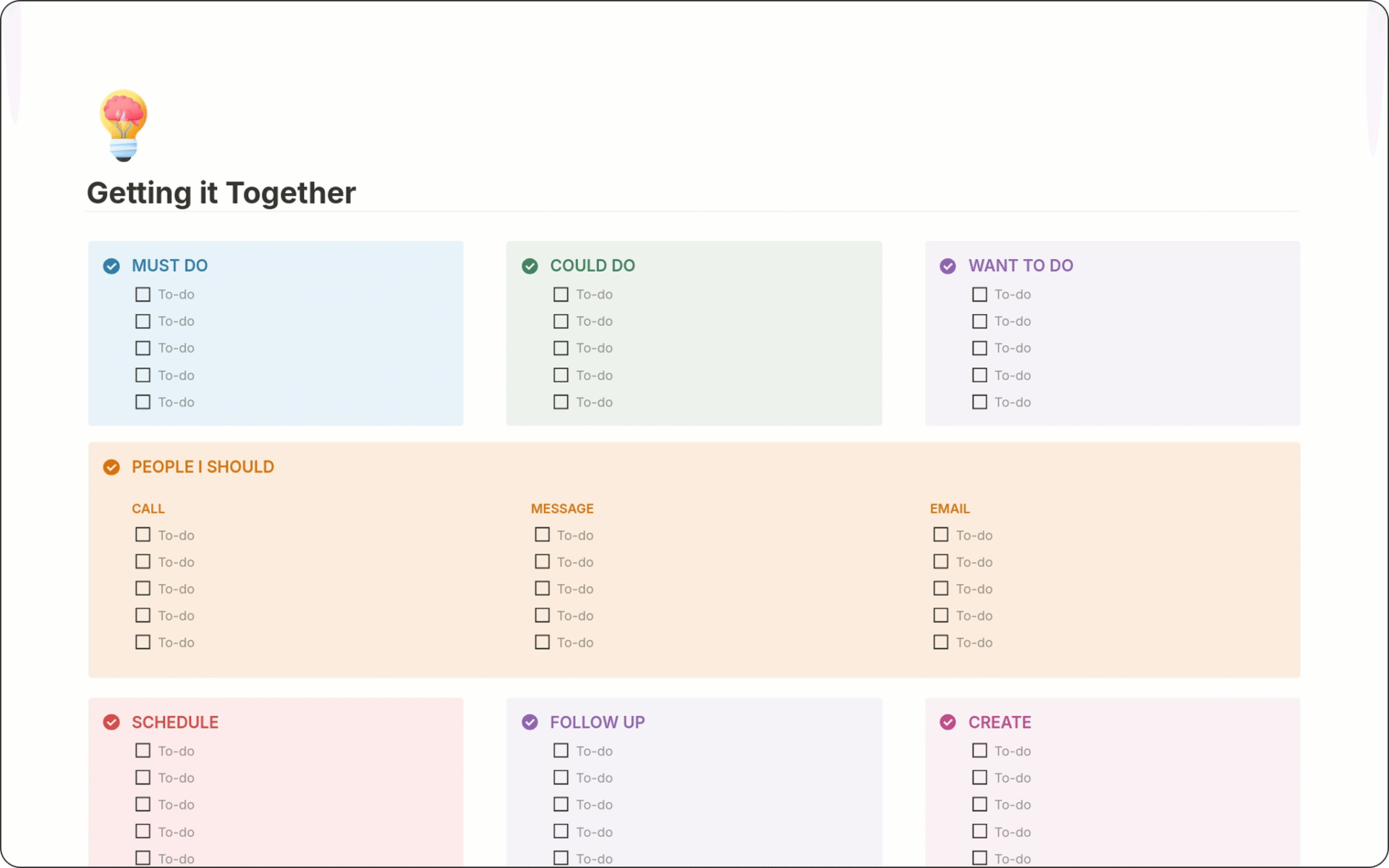 Image of Getting it Together Notion Template helps you organize tasks, communications, and creative projects with clarity, focus, and a minimal structure.