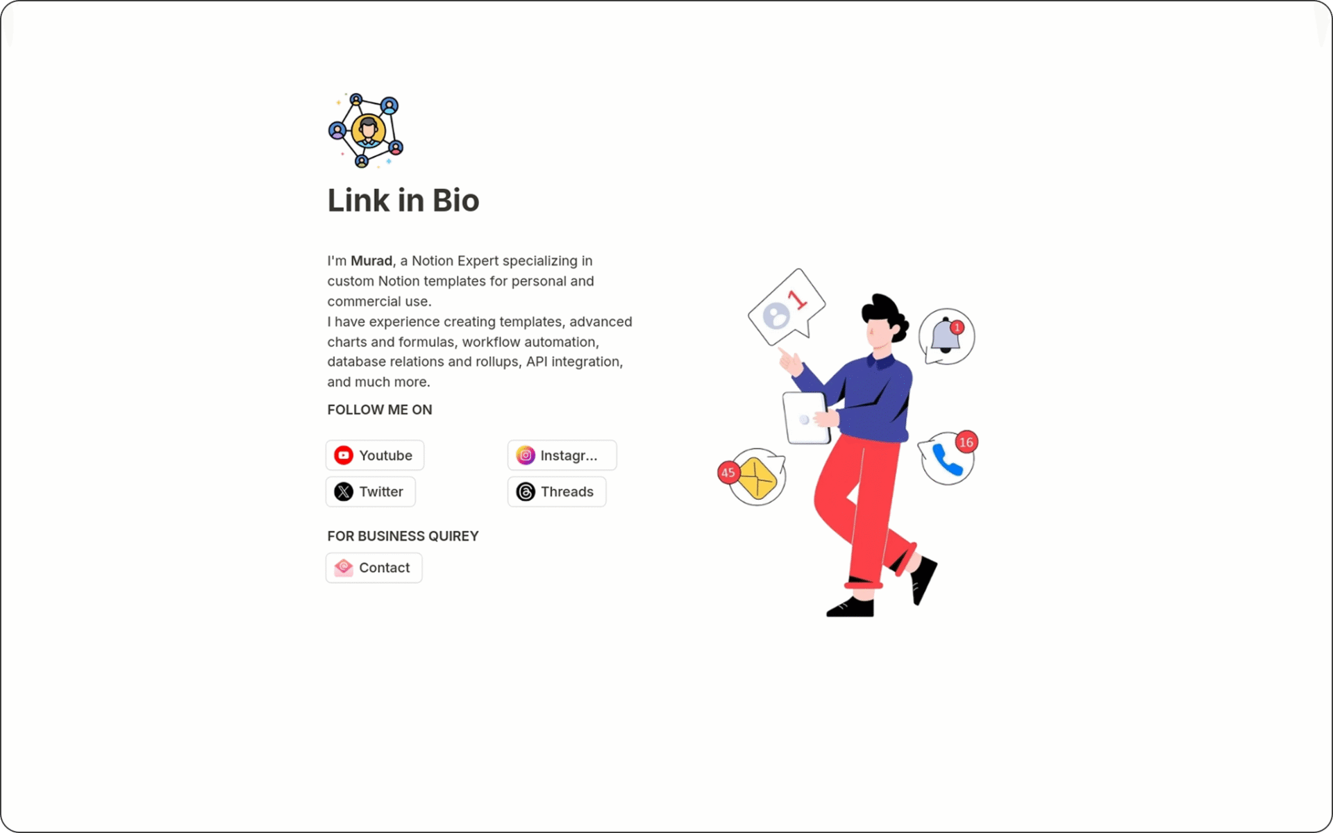 Image of Link in Bio Free Notion Template to showcase your profile, social links, and contact info—perfect for creators, freelancers, and entrepreneurs.