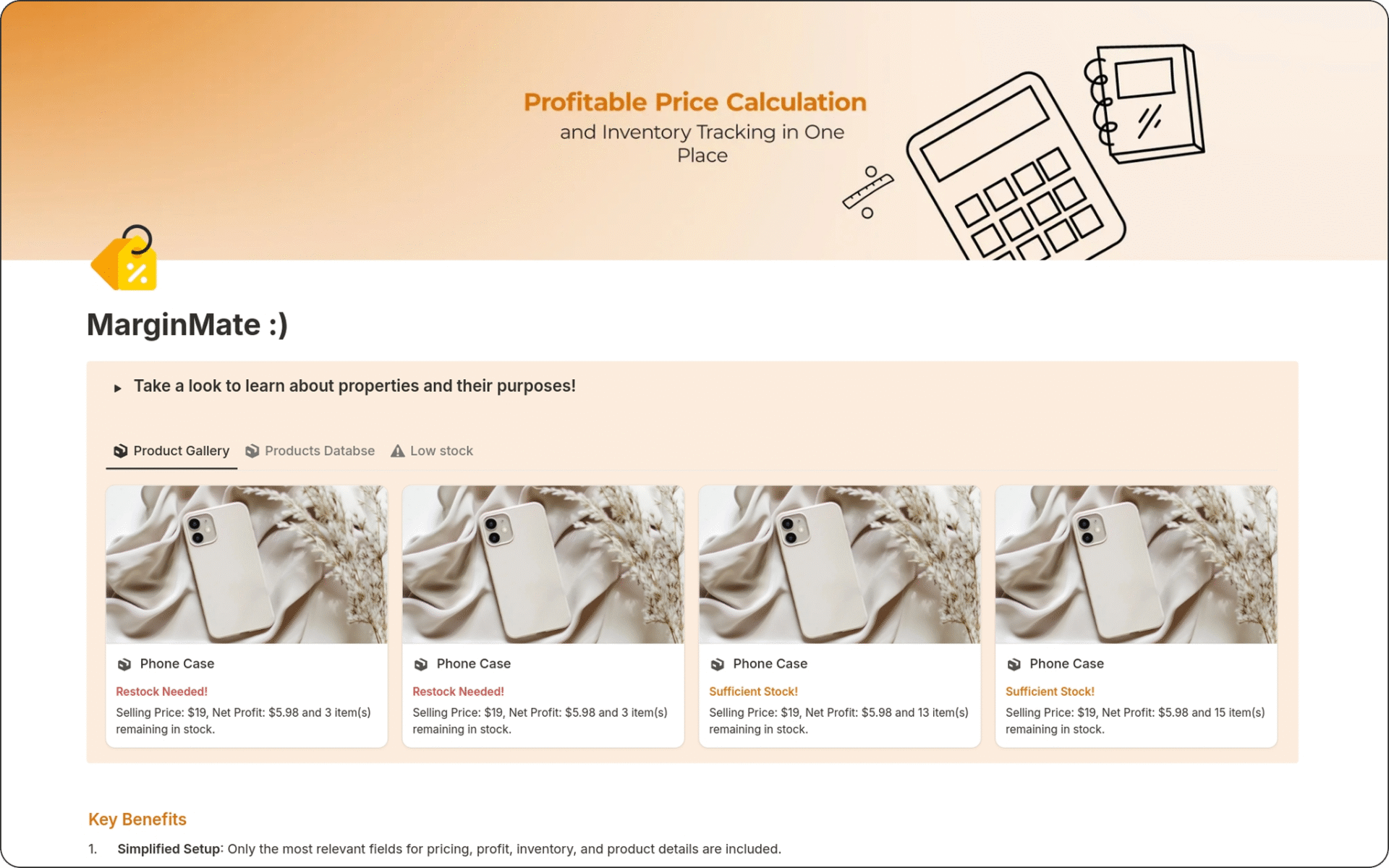 Image of MarginMate Profitable Price Calculator & Inventory Tracker Notion Template helps businesses manage pricing, inventory, and profits effortlessly. Stay on top of your numbers.