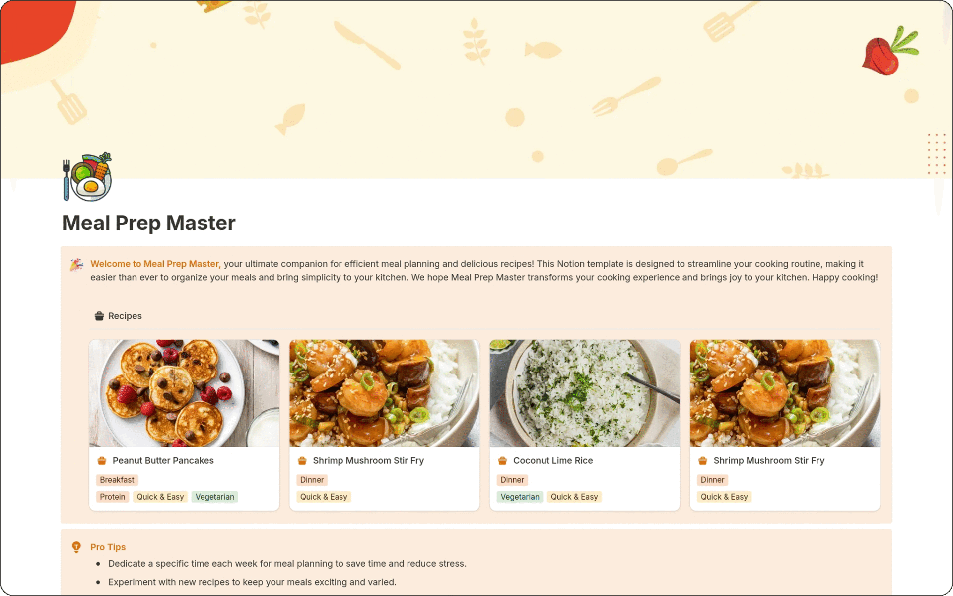 image of Meal Planner Notion Template is your complete solution for organizing meals, storing recipes, and simplifying your kitchen workflow. Whether you’re planning weekly dinners, following a specific diet, or managing a family meal schedule, this template helps you stay consistent and save time.