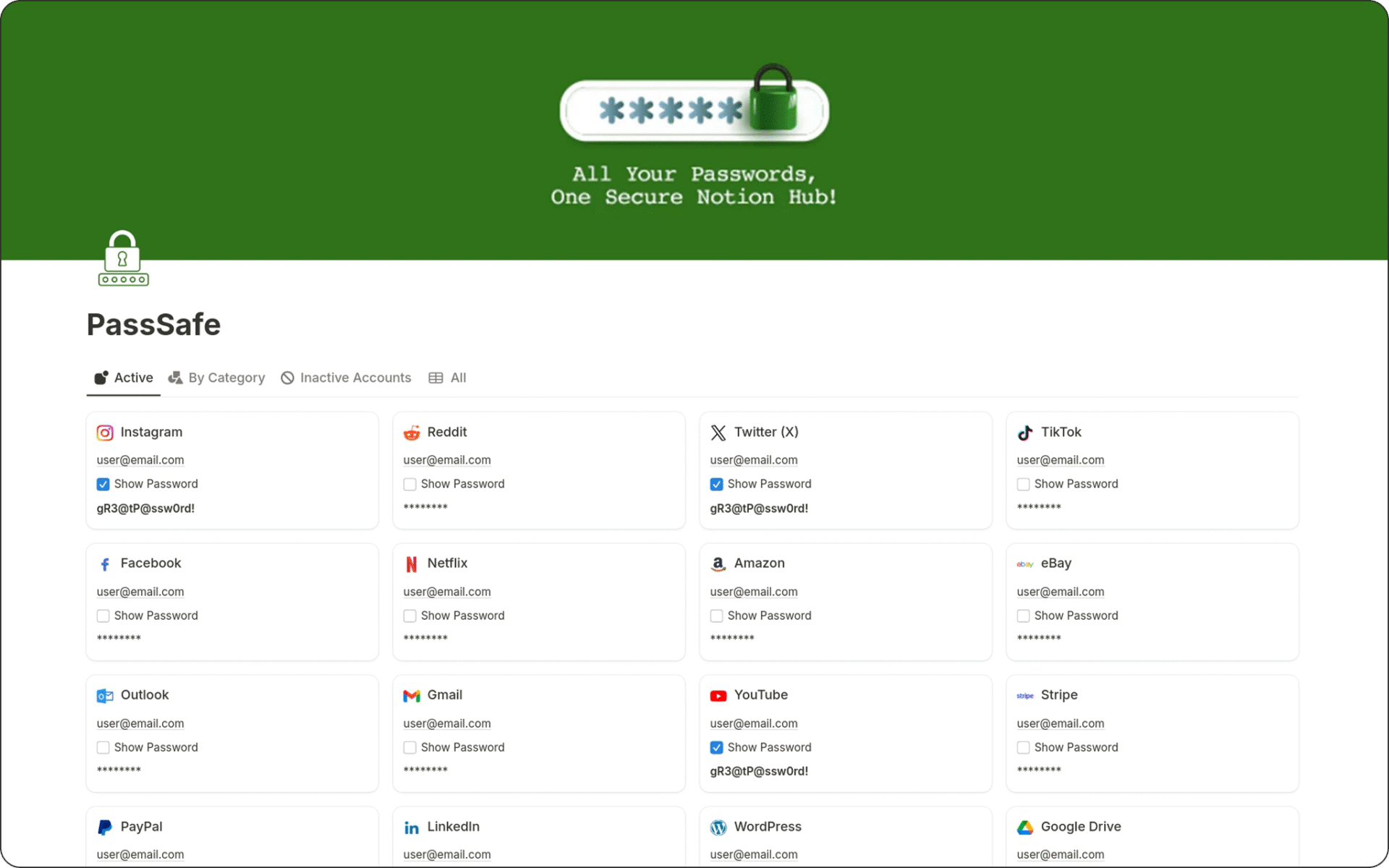 Image of PassSafe Notion Password Manager Template helps securely organize and manage passwords across platforms with a clean, customizable layout.