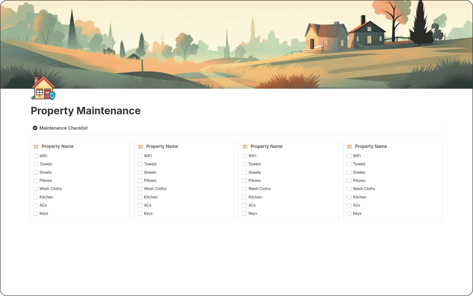 image of Property Maintenance Notion Template to track and manage property upkeep with ease. Simplify tasks, ensure readiness, and stay organized.