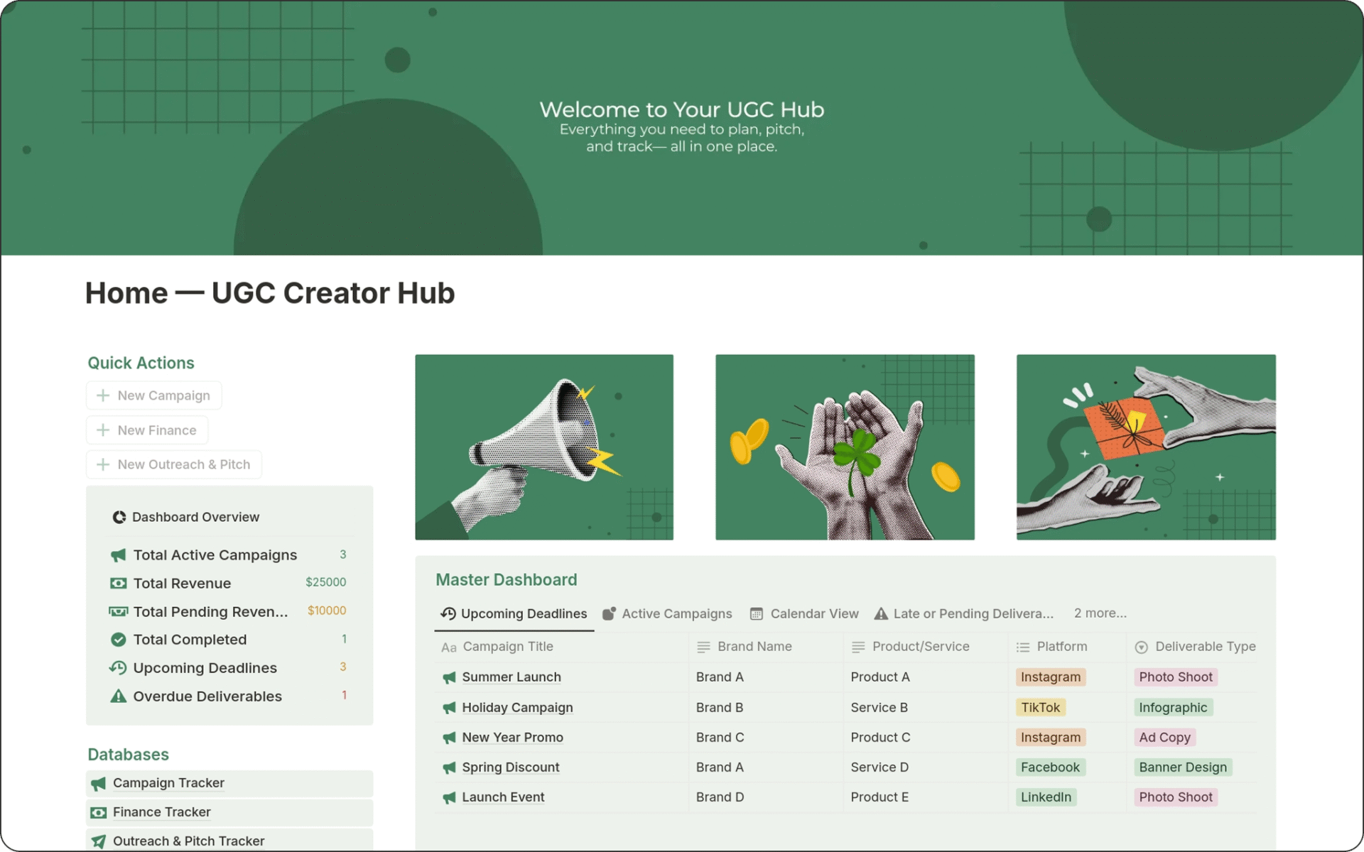 Image of UGC Creator Hub Notion Template helps UGC creators manage campaigns, pitches, and finances with a minimal, all-in-one dashboard.
