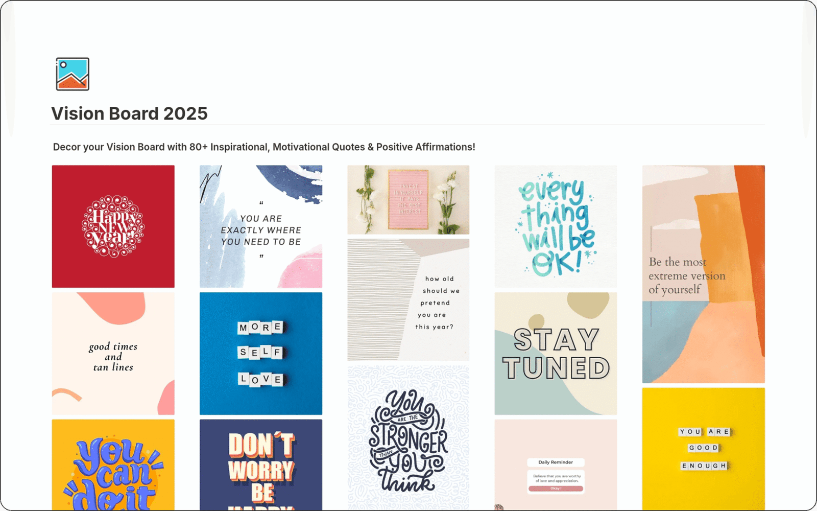 Image of Vision Board Free Notion Template to visualize your goals, stay inspired with 80+ affirmations, and manifest a positive 2025. Easy to customize and use.