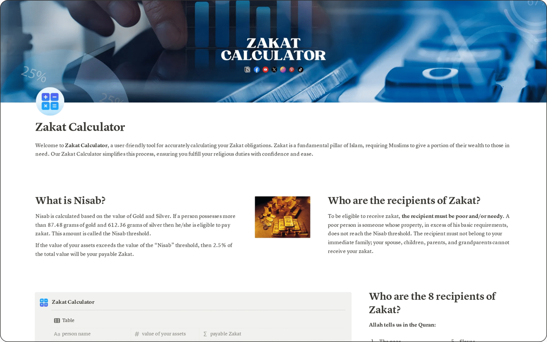 Image of Zakat Calculator Free Notion Template helps you calculate Zakat accurately and easily. A minimal, user-friendly tool for fulfilling your Islamic obligations.